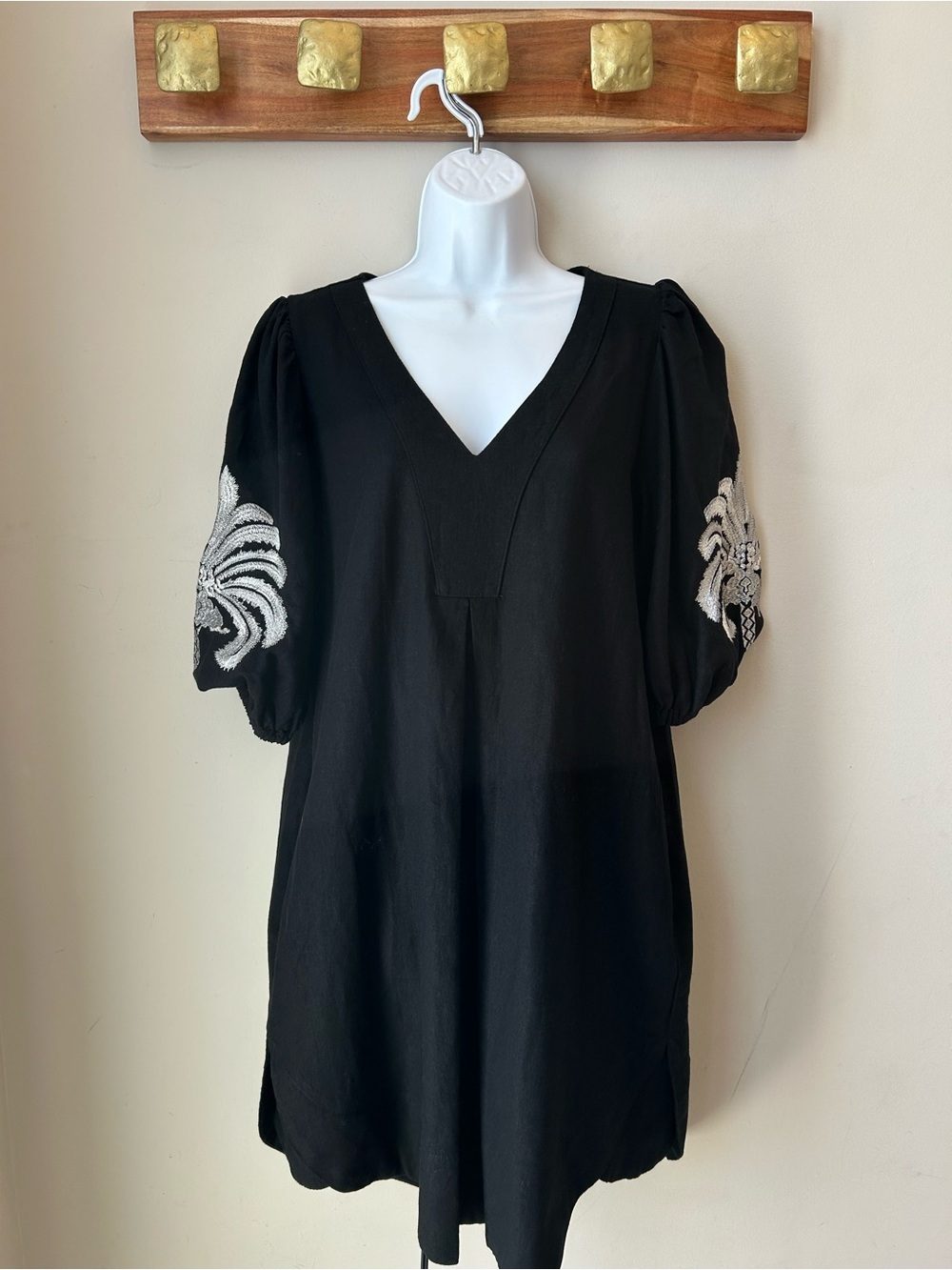 Halston Resortcore Linen Blend Palm Embroidered Puff Sleeve Dress Size Large